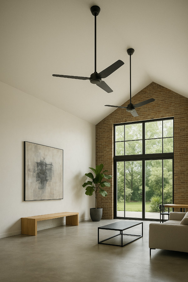 Ventilateurs de plafond sur grande tiges dans un loft